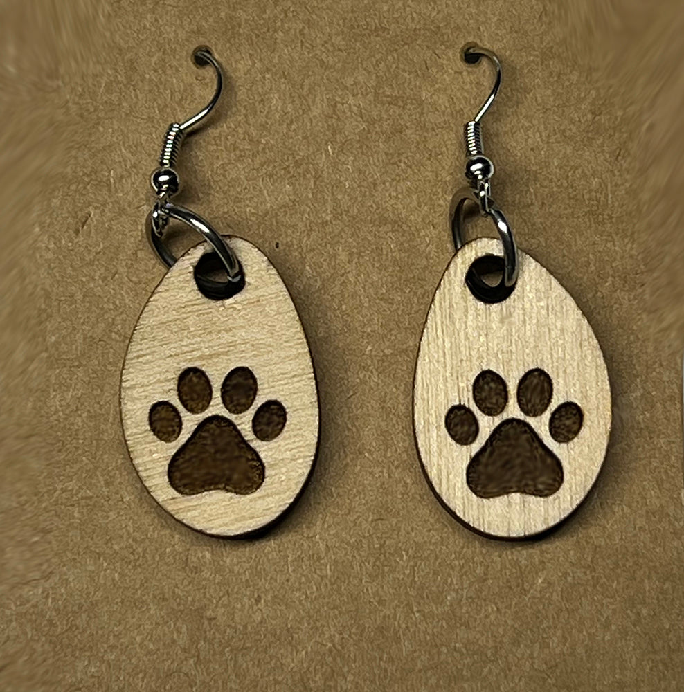 20016 Wood EARRINGS of FurBaby Toes w Paw Print HQ-TBM