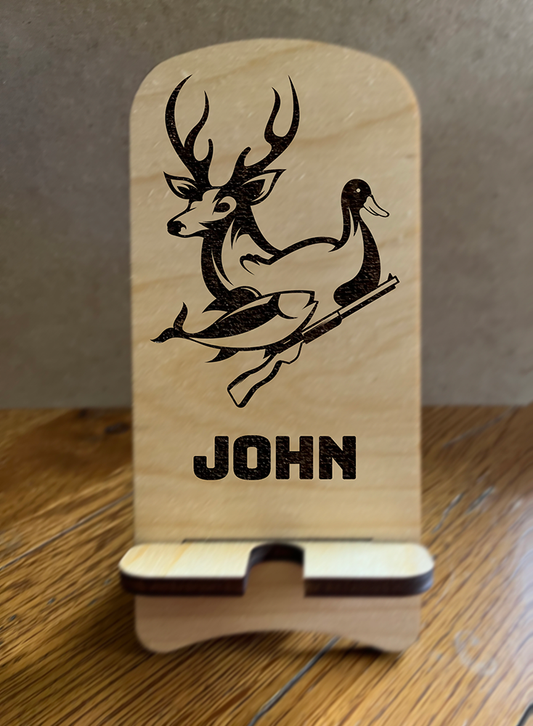 20028 LEW PHONE STAND w Deer Duck Fish & Name HQ-TBM